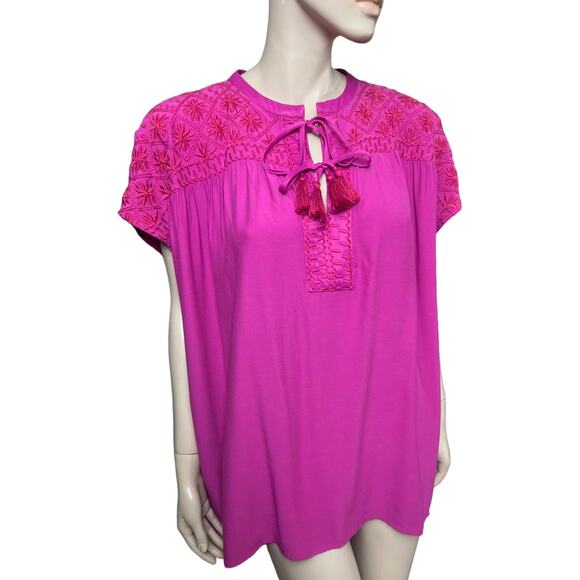 Johnny Was Calme Boho Double Tassel Top Embroidery Blouse L Raspberry Color - Picture 1 of 13